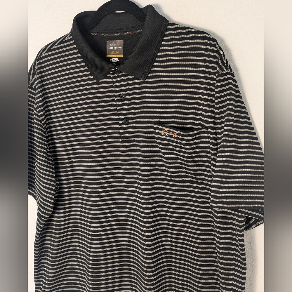 Greg Norman Men’s Five Iron Play Dry Polo Shirt Black White Striped Size XL EUC - Picture 2 of 10